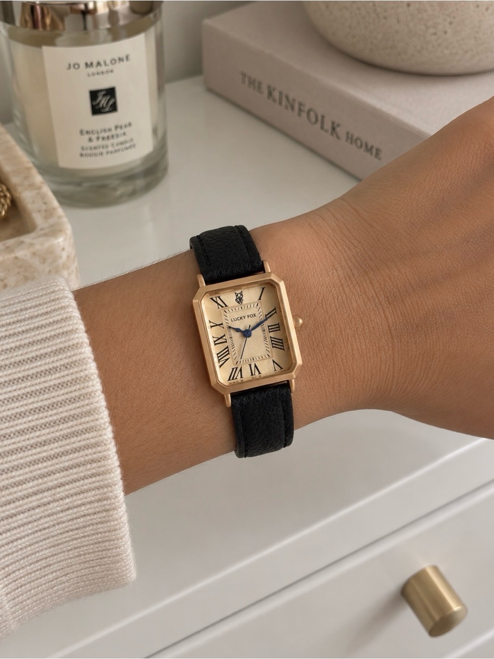 Black Leather Strap Gold-Tone Rectangular Watch